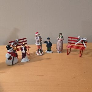 Miniature Christmas Figurine Set with Red Benches